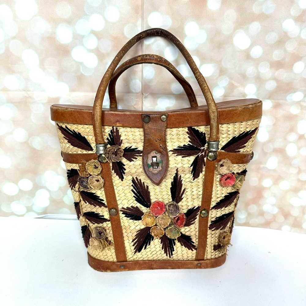 1960s  Handmade Woven & Tooled Leather Floral Handbag